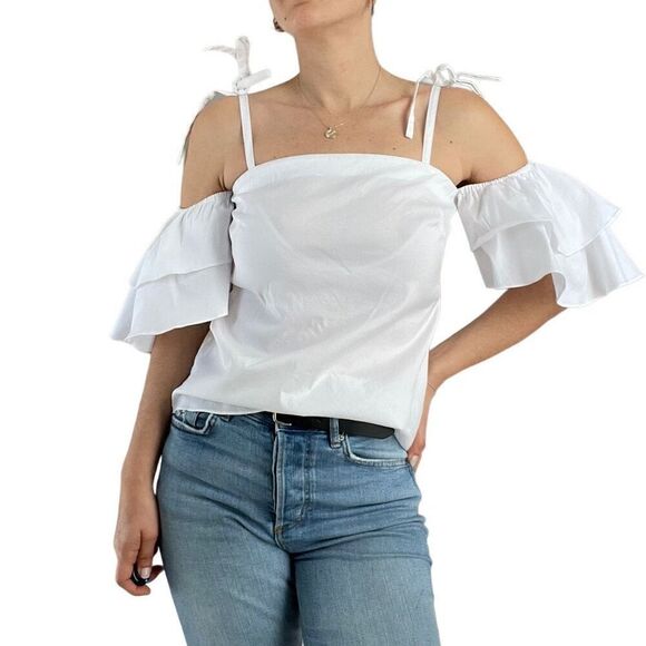 White House Black Market Off the Shoulder White Top Blouse Size 4 Ruffle Sleeves - Picture 2 of 9